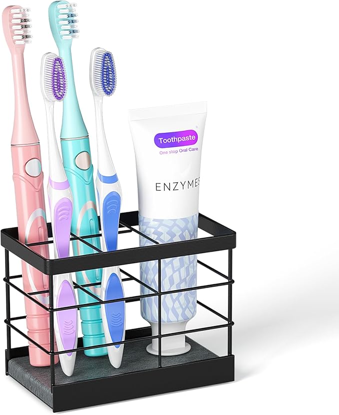MOJOHAND Toothbrush Holders with Instant Drying Stone for Bathrooms, Stainless Steel Bathroom Electric Toothbrush Toothpaste Holder, Multi-Slots Openwork Design, Bathroom Accessories Organizer