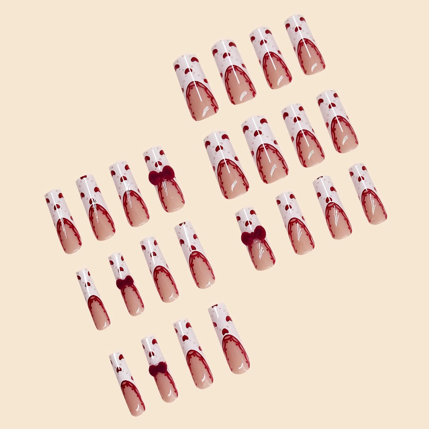 MISUD Press on Nails - Long Square Fake Nails with White French Tip, Acrylic Valentines Heart Design 24 pcs