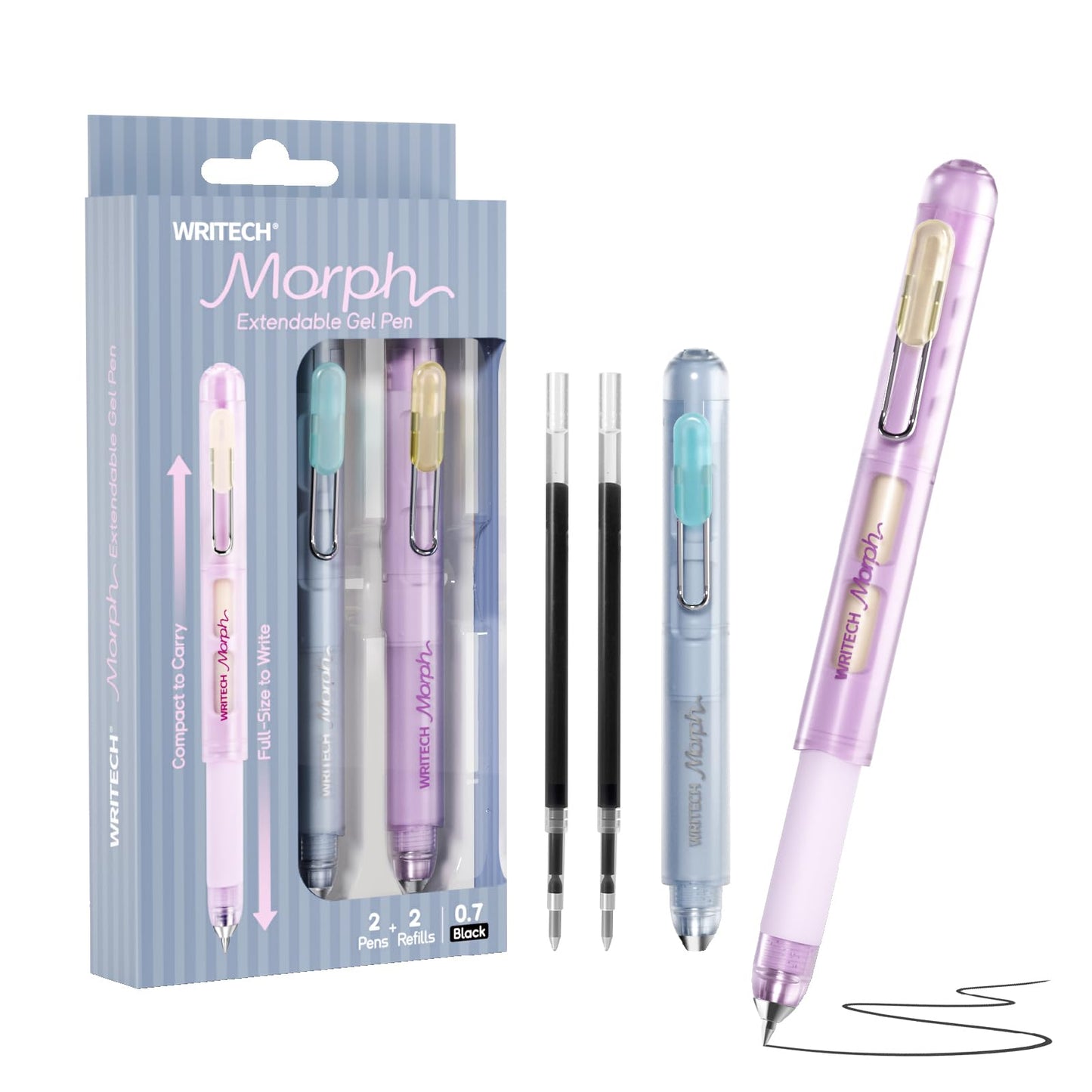 WRITECH Morph Extendable Gel Pens: 0.7mm Medium Point Black Ink Pocket-to-Full-Size Design Translucent Soft Grip Barrel Includes 2 Pens and 2 Refills Dual-Length Pocket Pen 4.6" to 6.1"