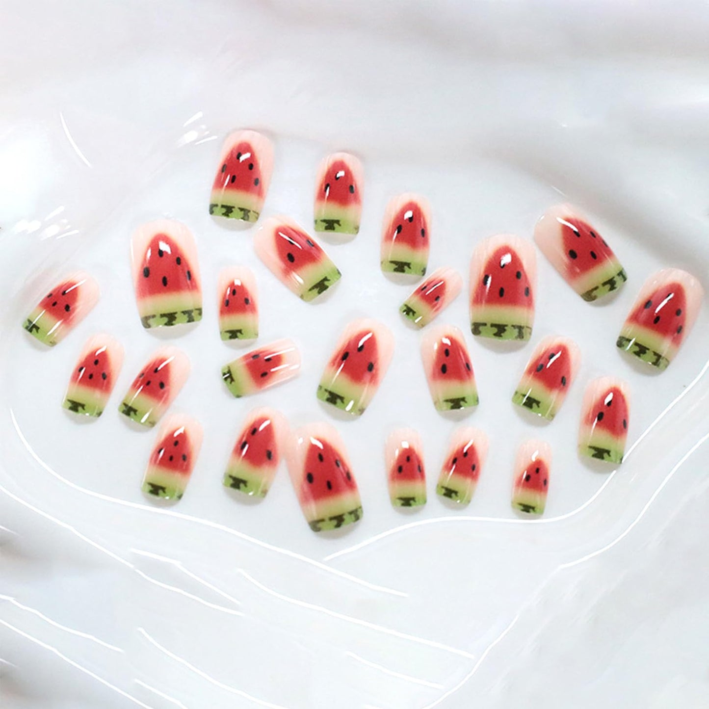 Summer Press on Nails Medium Square Watermelon Fake Nails with Cute French Tips Design Acrylic False Nail Glossy Full Cover Stick on Nail Reusable Artificial Glue on Nails for Women 24Pcs