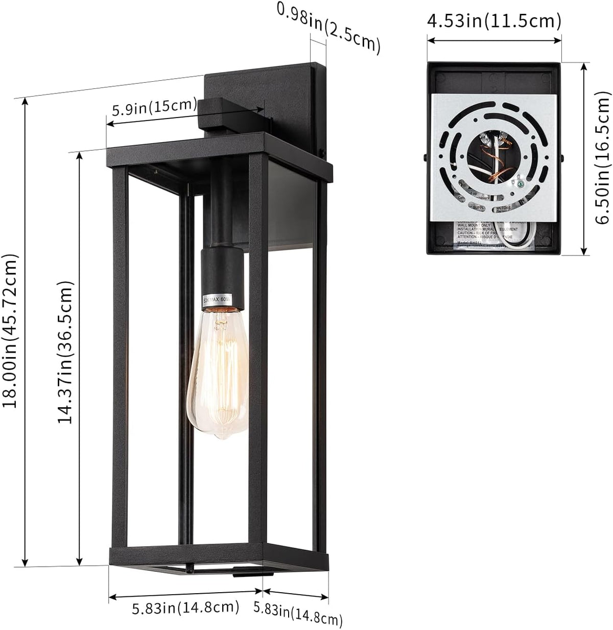 mirrea 18" Classic Outdoor Wall Sconce 1 Light in Matte Black Rectangular Metal Frame and Clear Glass Shade Waterproof Porch Light Patio Light Pack of 2