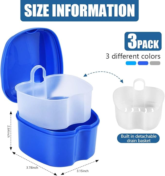 3 Pack Colors Denture Bath Case Cup Box Holder Storage Soak Container with Strainer Basket for Travel Cleaning (White, Blue, Light Blue)