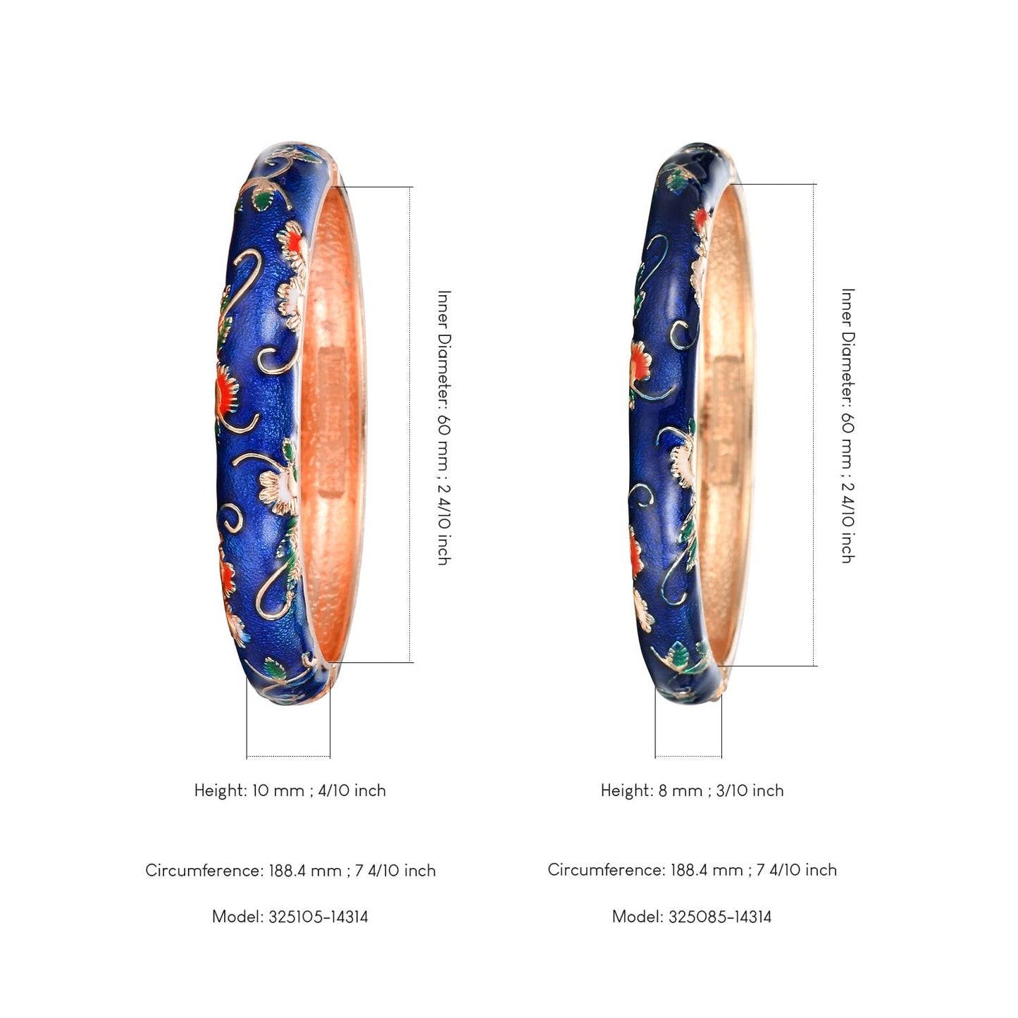 UJOY Handcrafted Cloisonne Bangle Bracelets Butterfly Enamel Metal Handcuff Jewelry Set Box Gift for Women 55A108-55B30 Navy Blue