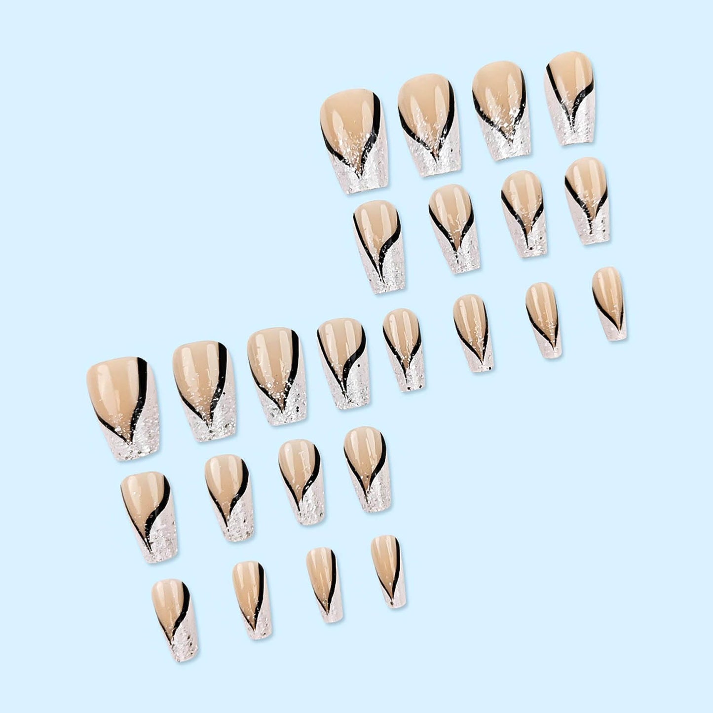 RUOKEXIN Coffin Press on Nails French Tip Fake Nails Medium False Nails with Glitter Designs Medium Coffin Nail Press ons Nude Full Cover Glue on Nails Cute Stick on Nails for Women 24Pcs