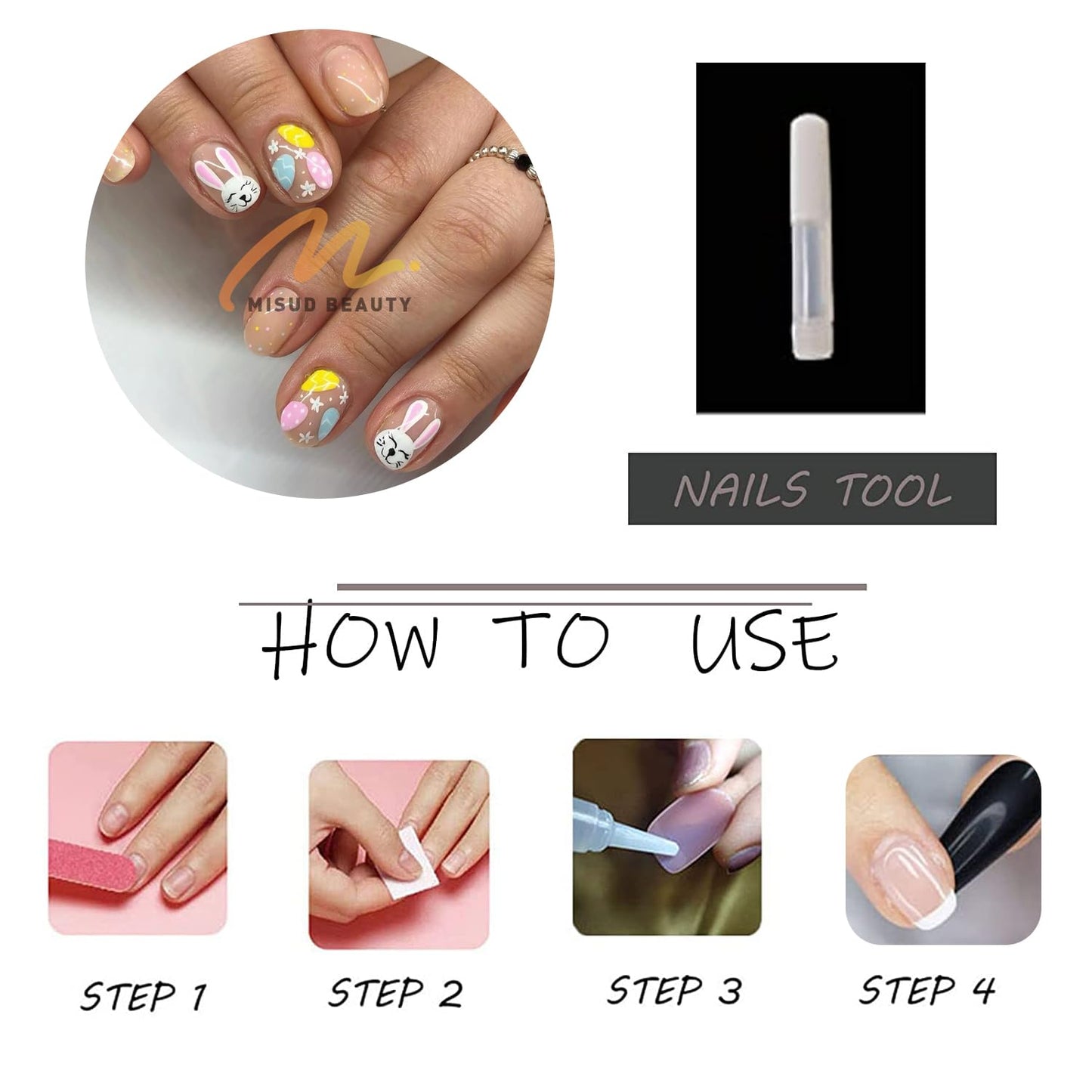 MISUD Press on Nails - Short Square Fake Nails with Colorful Polka Dot, Acrylic Easter Bunny Eggs Design 24 pcs