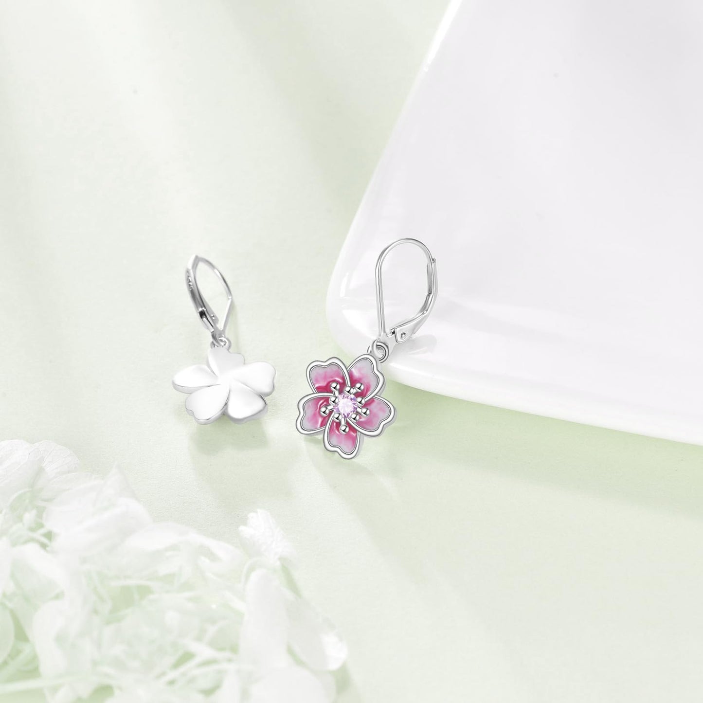TIGER RIDER Cherry Blossom 925 Sterling Silver Leverback Earrings Flora Jewelry Gift for Women Birthday Christmas