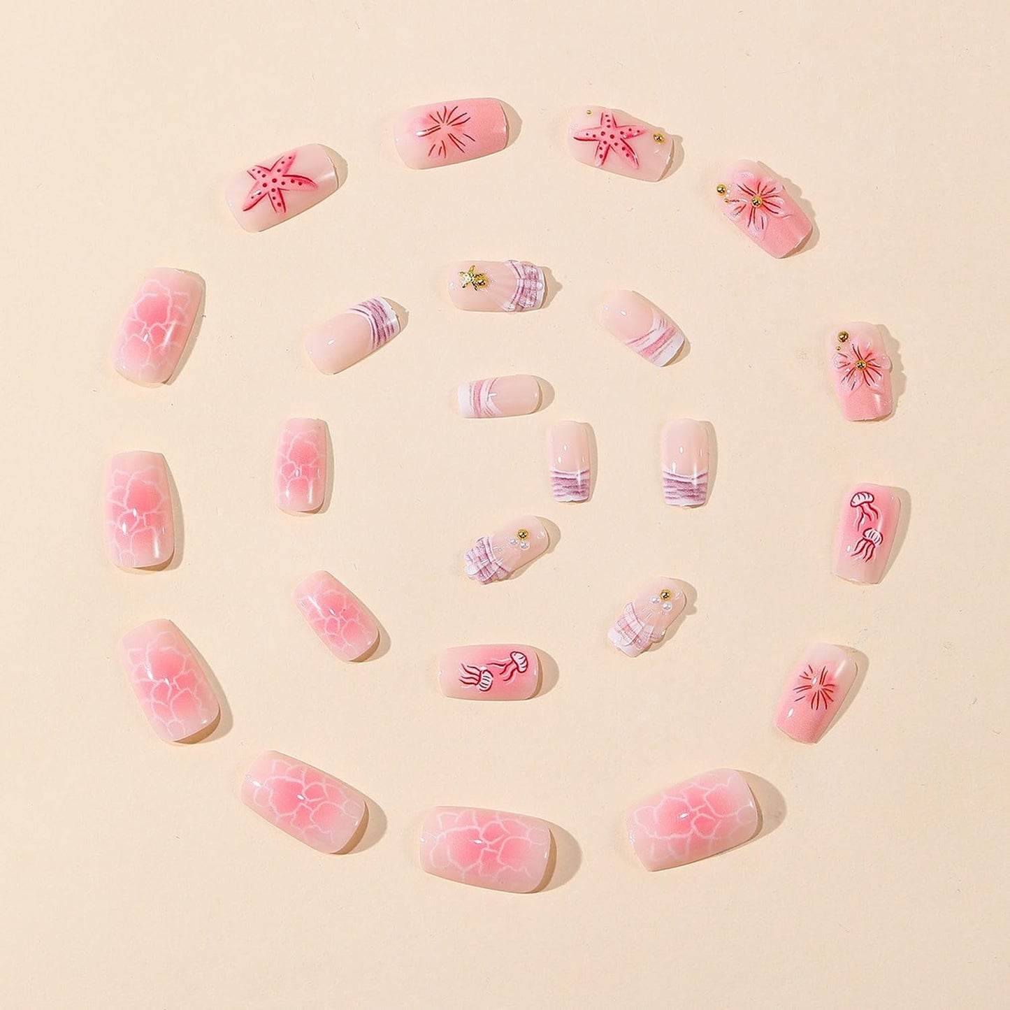 Summer Press on Nails Pink Ocean Fake Nail with Starfish & Jellyfish Designs Flower Press on Nails Beach False Nail Medium Square Acrylic Stick on Nails for Women Manicure Decoration 24 Pcs