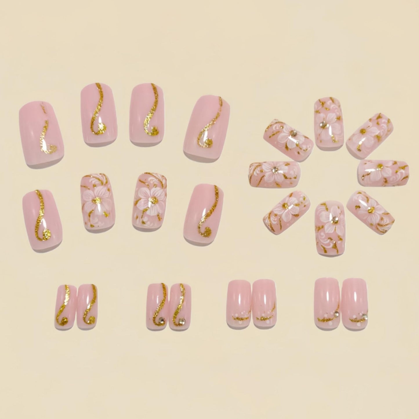 Medium Square Nails Pink Base White Floral Patterns Gold Foil Stripes White Bare Diamonds Decorations Glue on Nails Glossy Surface Fashion Style Manicure Artificial Nails Spring Vibe 24 Pcs