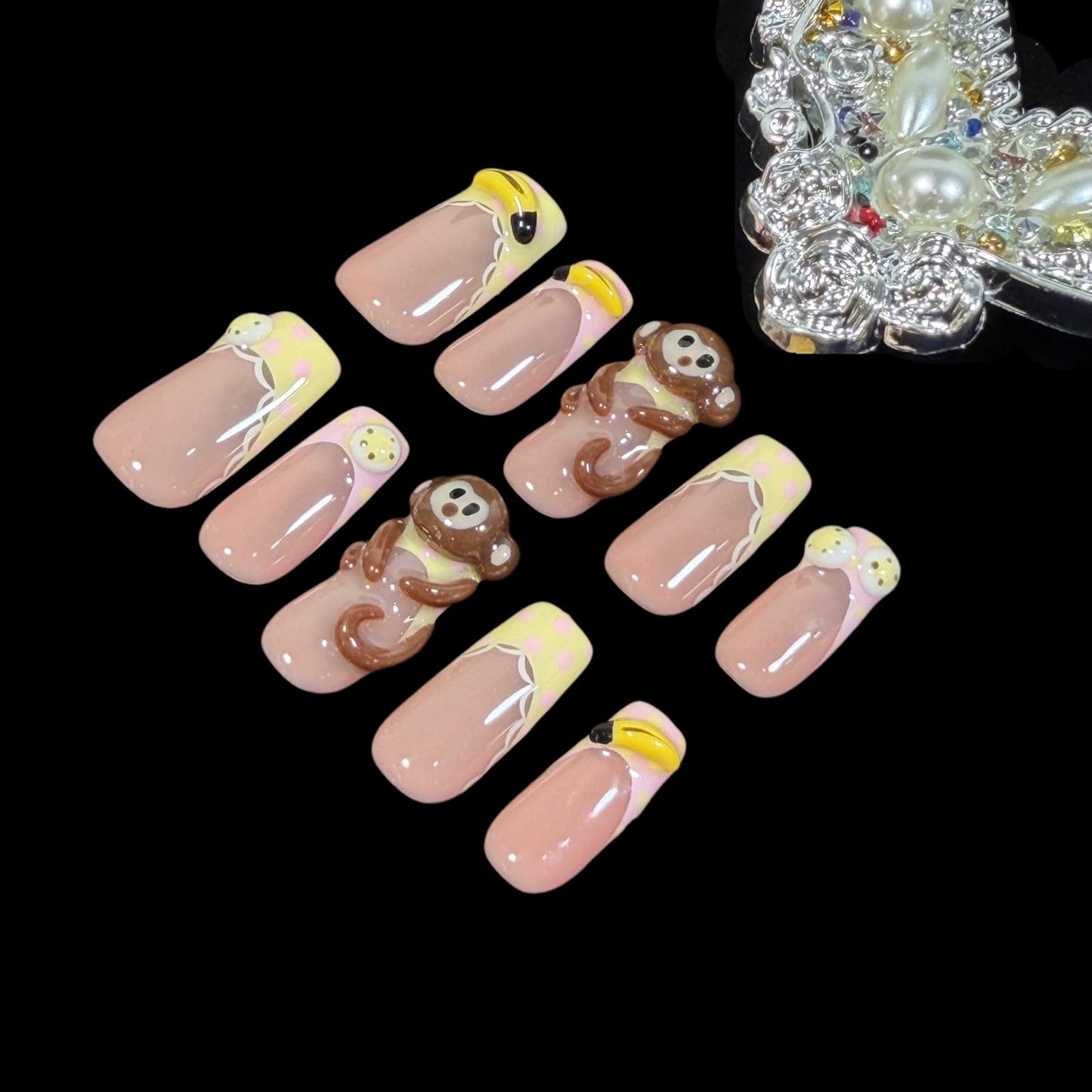 Handmade Press On Nails Cute Monkey 3D Cartoon Banana Lace Trim Medium/Short Square Acrylic False Nails Kawaii Polka Dot (L)