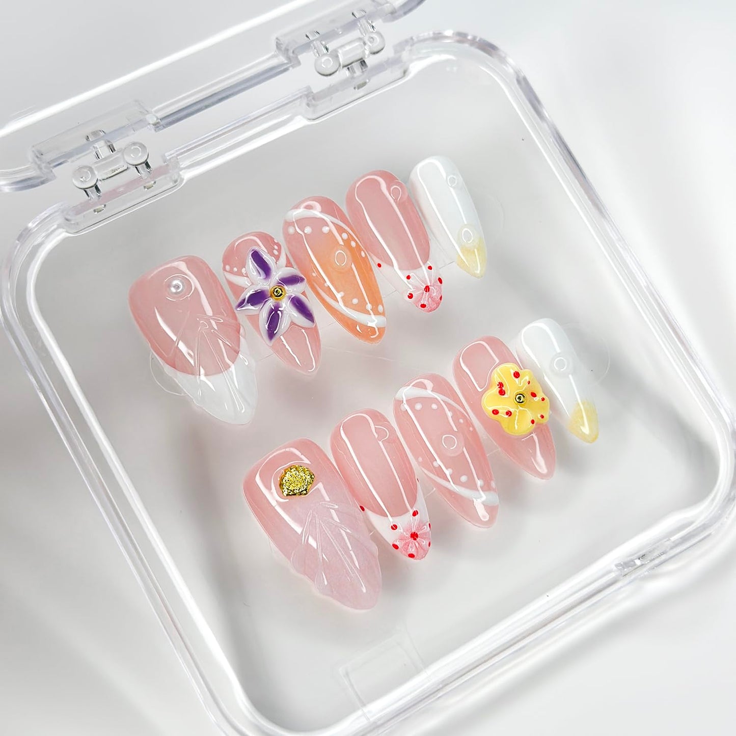 Luxury Press on Nails Medium Almond Handmade 3D Unique Reusable ABS Material Fake Nails French Tip False Nails with Designs Yellow&Purple Floral Art Petal Glossy Glue on Nails Thick Acrylic Nails(M)