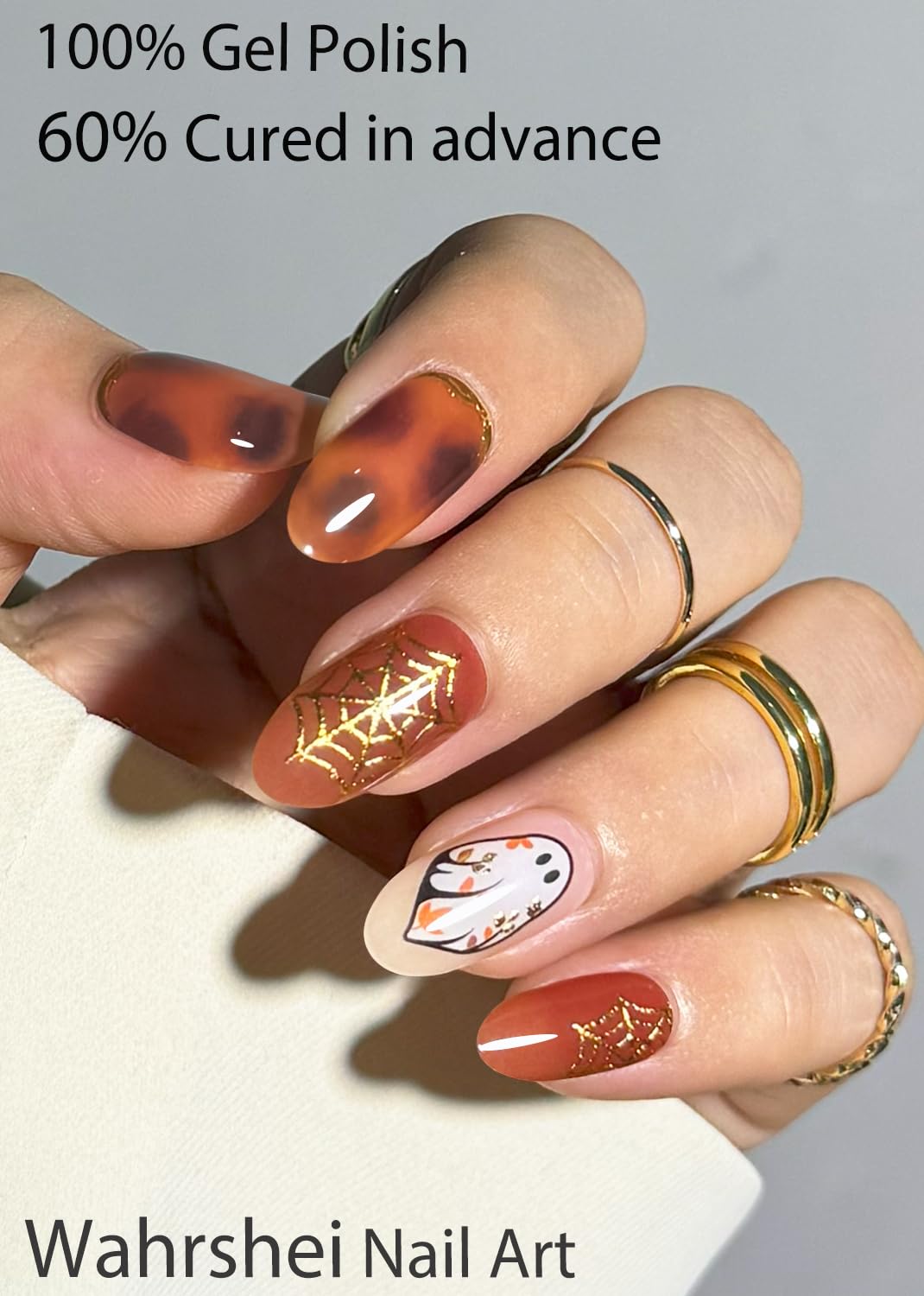 Semi Cured Gel Nail Strips, Brown Ghost 20pcs Adhesive UV Sticker, Wraps for Home Manicure DIY