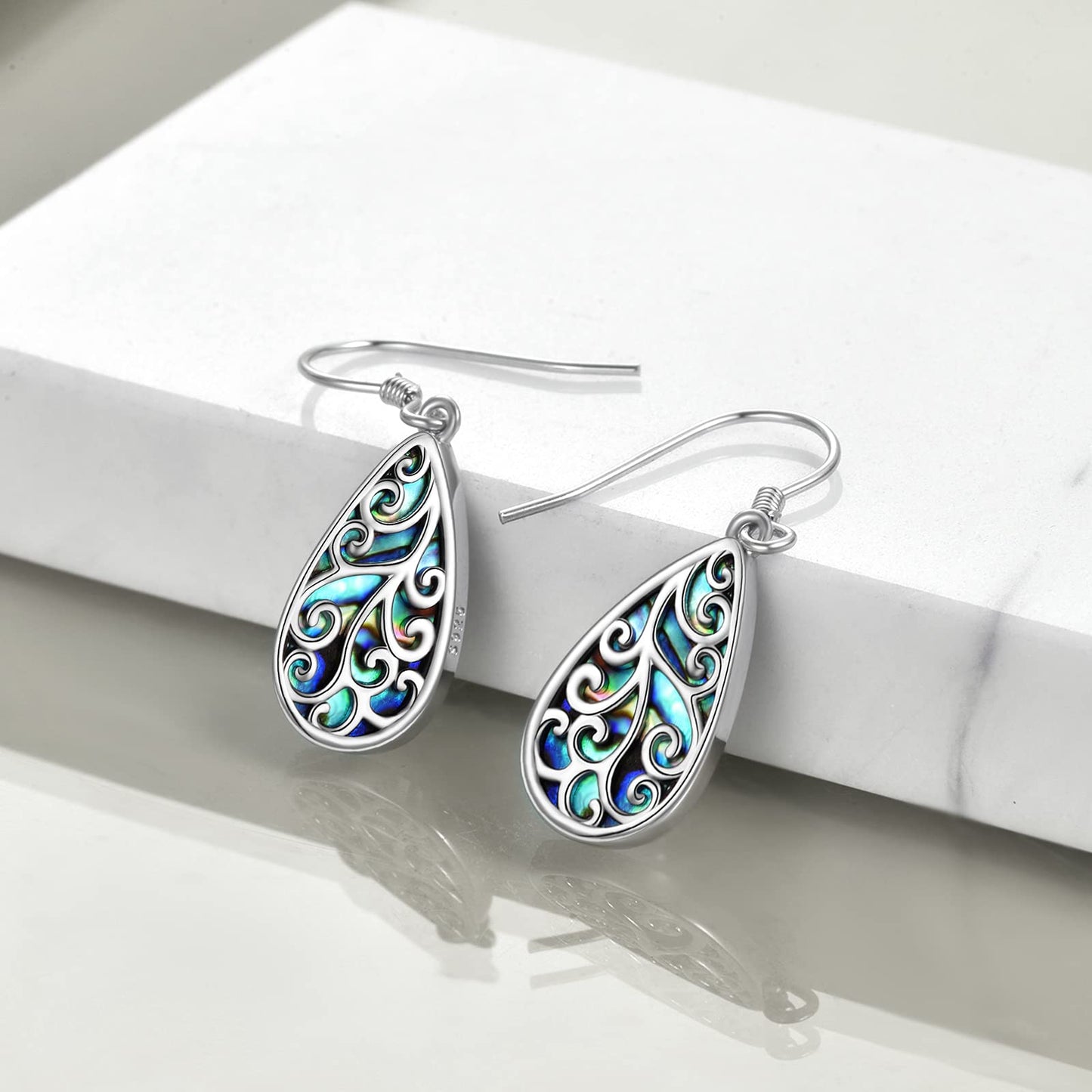 POPLYKE 925 Sterling Silver Tree of Life Earrings for Women Celtic Filigree Teardrop Abalone Earrings Dangle Abalone Jewelry