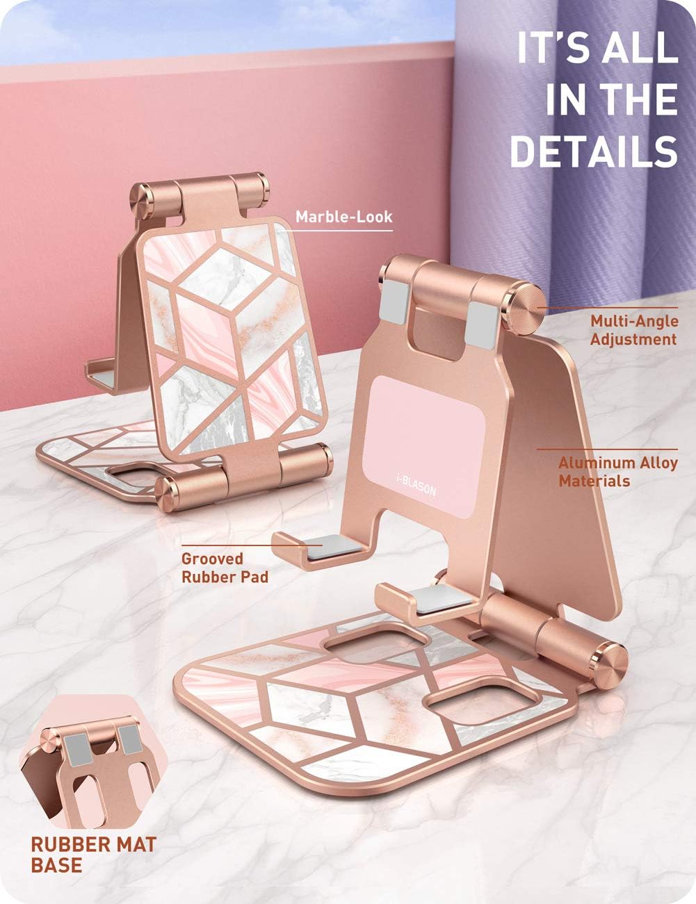 i-Blason Cell Phone Stand for Desk, Cell Phone Holder, Fits All Smart Phones, iPhone 16 15 14 13 Pro Max, Foldable Phone Stand Holder, Marble