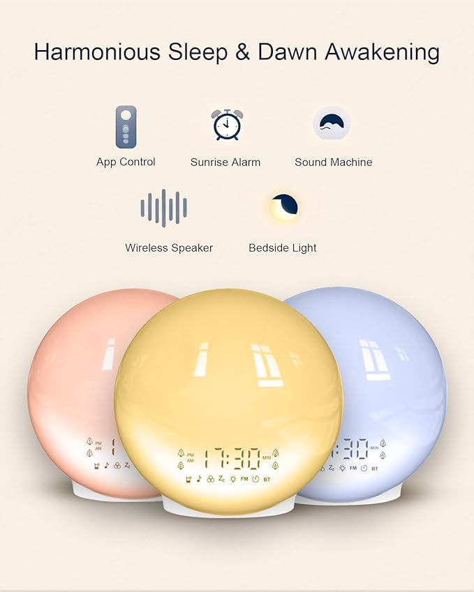 Smart Sunrise Alarm Clock with No Signup APP Control & Wake-Up Light, 4 Alarms, Sound Machine, FM Radio, Wireless Speaker, White