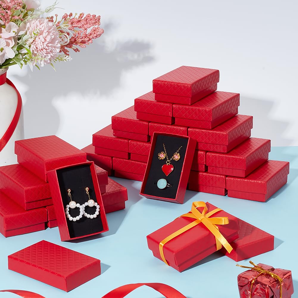 BENECREAT 24 Pack Jewelry Gifts Boxes 3x2 Inch Rectangle Cardboard Earring Necklace Storage Boxes with Velvet Sponge for Ring, Weddings, Birthdays (Red)