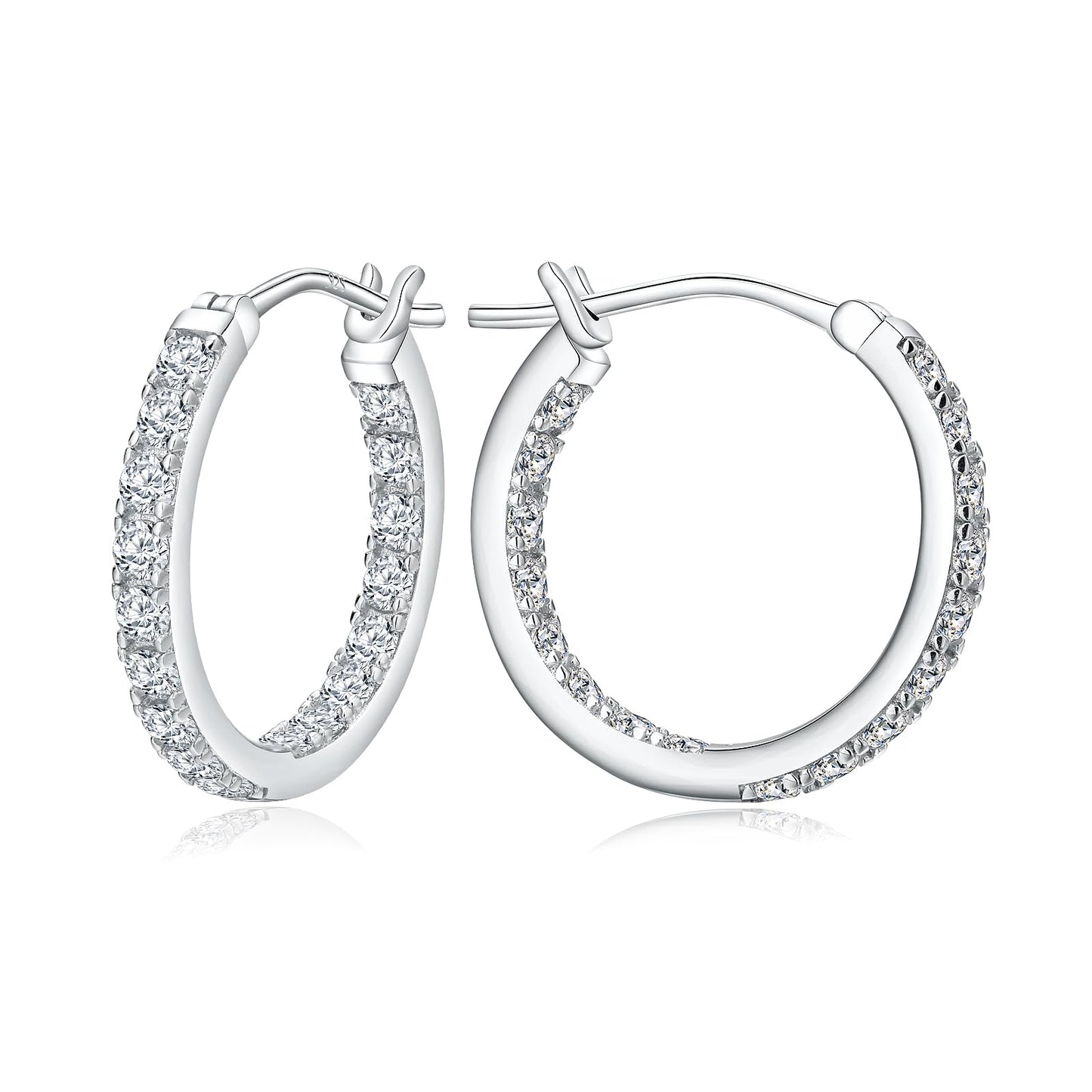 925 Sterling Silver Medium Hoop Earrings Shiny Round Cubic Zirconia Earring Hoops for Women