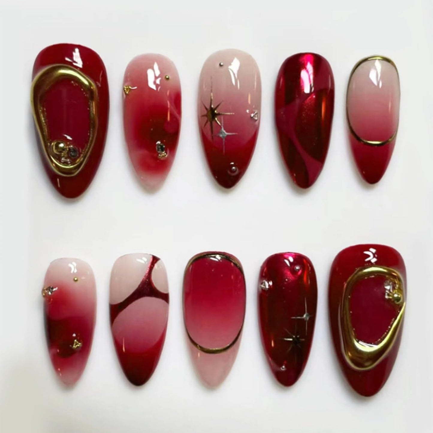 LBPEPAMZ Red Press On Nails Medium Almond Fake Nails with 3D Texture Gold Design Y2K Gold Star Bead Full Cover Acrylic False Nails Golden Line Ombre Stick On Nails for Women Manicure Decor 24Pcs
