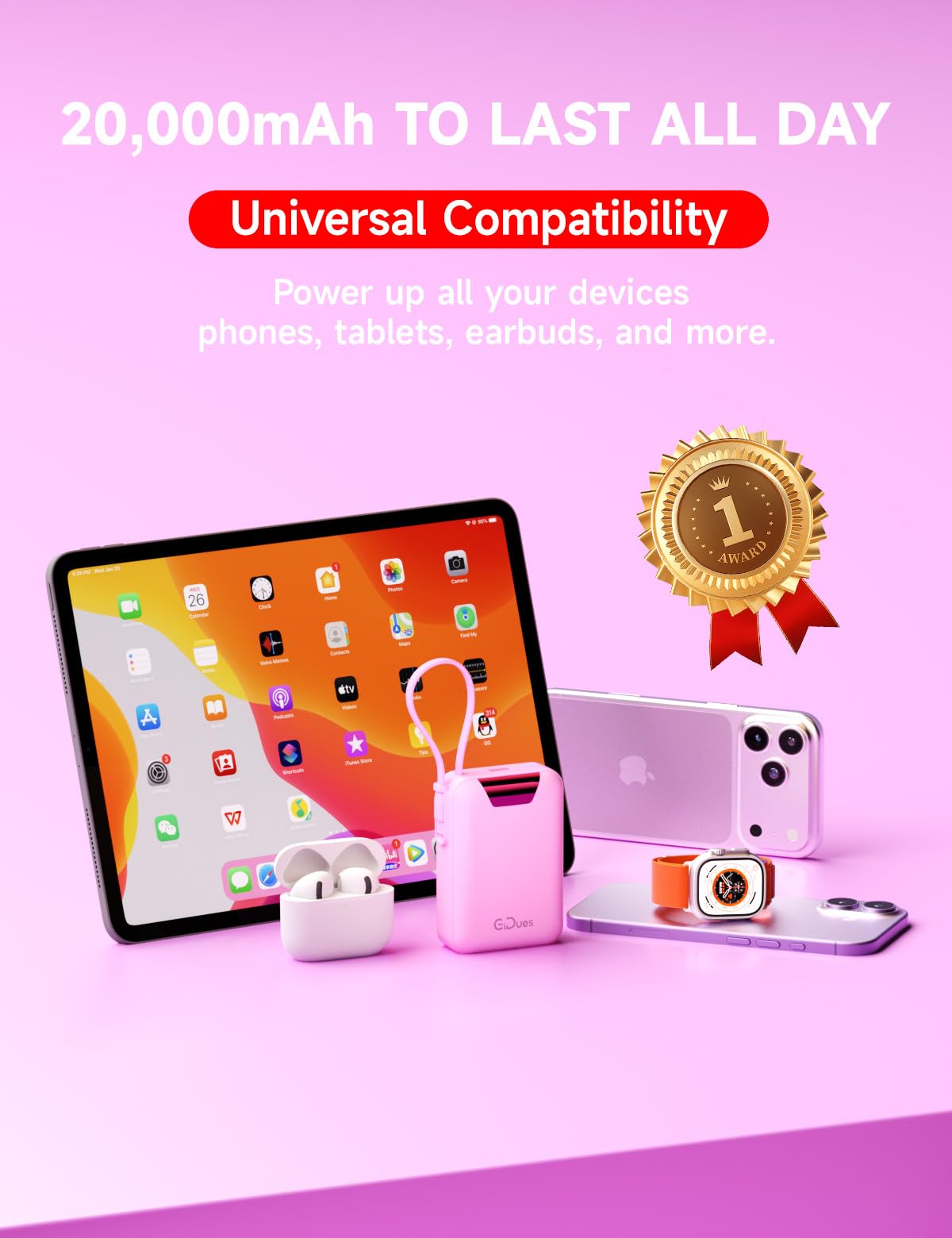 Gidues M2 Portable Charger, 20000mAh Power Bank, PD 35W Ultra Fast USB-C Built-in Cable, Compact Cute Mini External Battery Pack for iPhone, Samsung, Android iPad (Pink)