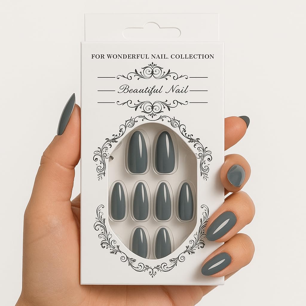 Glossy Slate Color Press On Nails – Almond Shape, Medium Length, 24 PCS Fake Nails with Nail File & Glue Tabs, Reusable ABS Material