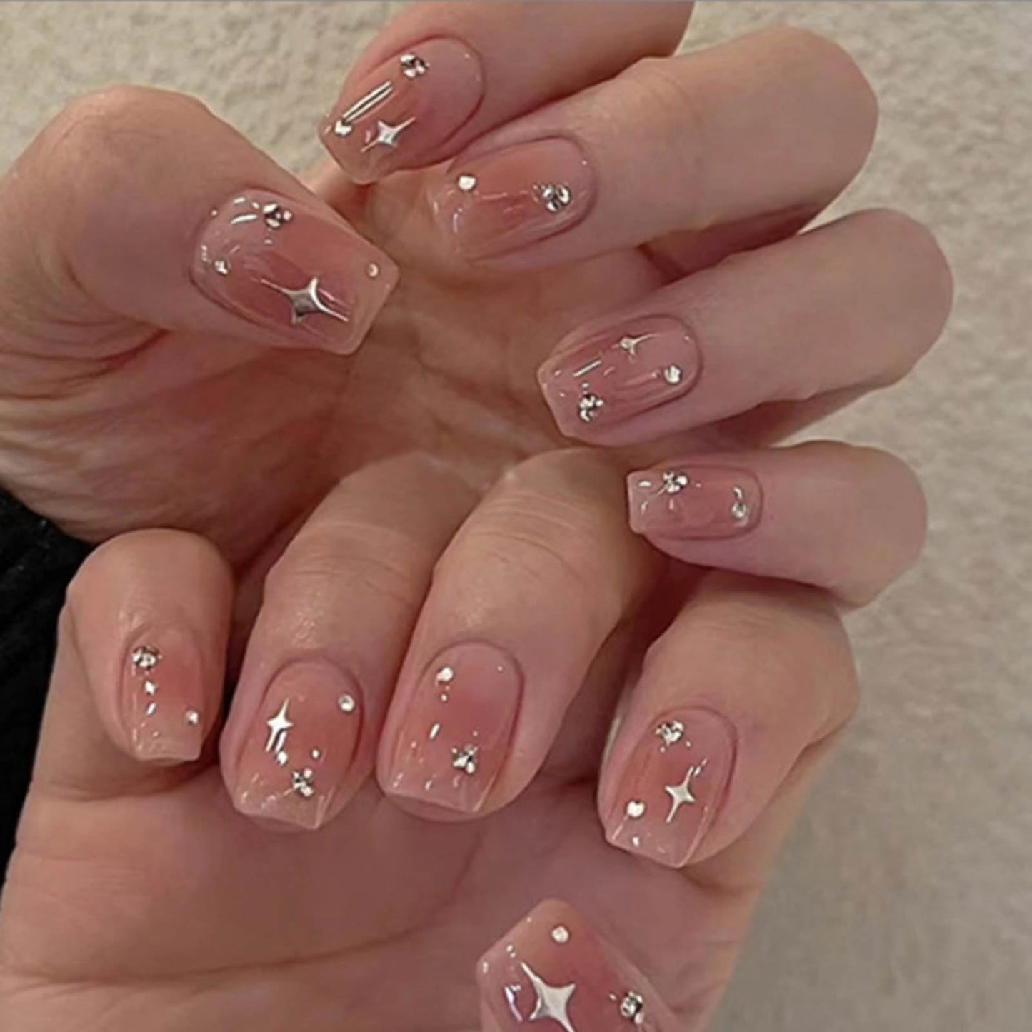 Hkanlre Short Press on Nails Pink Cute Fake Nails Tips Full Cover Square False Crystal Nails for Women 24PCS