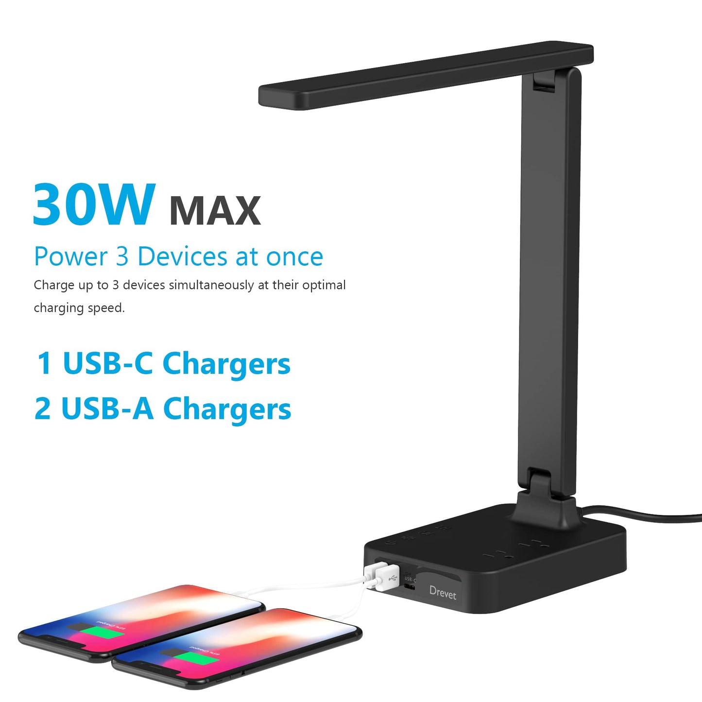 Drevet LED Desk lamp with USB C Charging Port, Table Light with 3 USB Charger and 2 AC Power Outlet, 3 Color Model, 3 Level Brightness, Touch Control, Memory Function, Eye-Caring Office Foldable Lamp