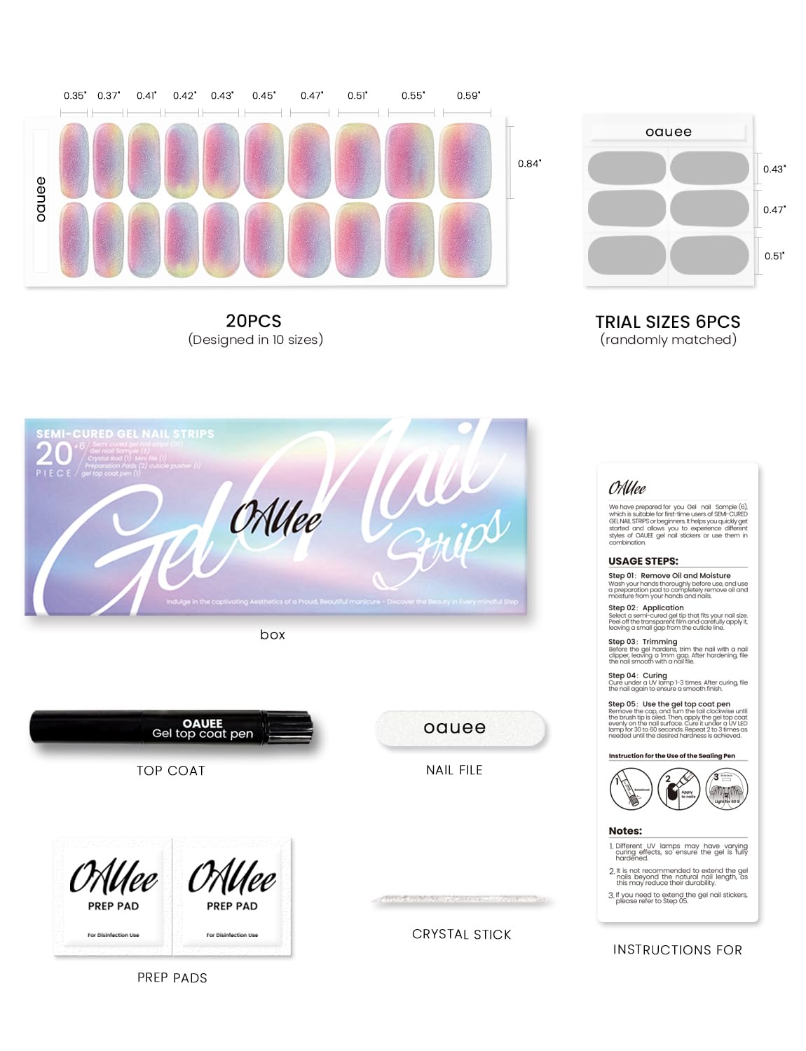 Oauee Semi Cured Gel Nail Strips | Built-In Gel Top Coat | UV Light Required | Salon Quality, Easy Application And Removal (Color Burs）
