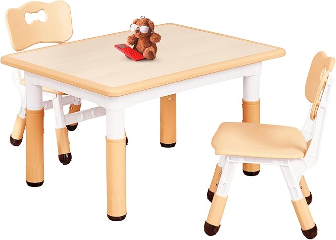 FUNLIO Kids Table and 2 Chairs Set for Ages 3-8, Height Adjustable Toddler Table and Chair Set, Easy to Wipe Arts & Crafts Table, for Classrooms/Daycares/Homes, CPC & CE Approved (3pcs Set) - Natural