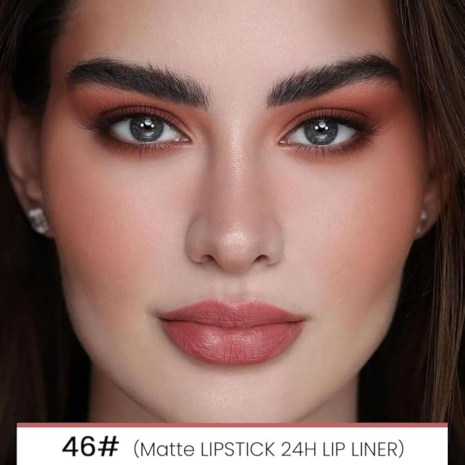 evpct 1Pcs Nude Pink Velvet Matte Lip Liner and Lipstick Combo Set Kit for Women, Magic 24 Hours Lipstick and Lip Liner Makeup Set Stain Long Lasting Waterproof labial,46#