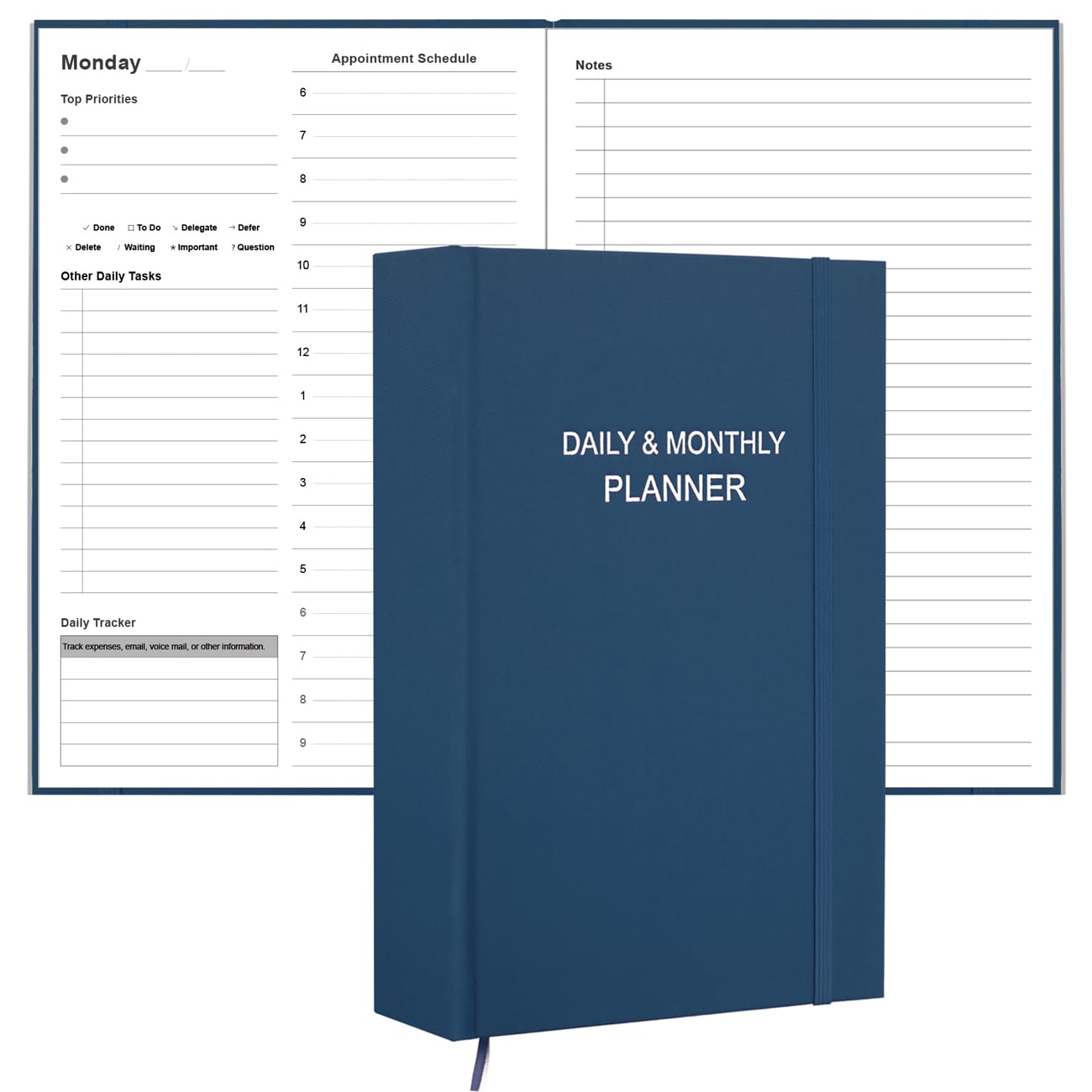 Daily & Monthly Planner for 2026 or Anytime - ADHD Planner Two Pages Per Day, Daily Planner Undated to Increase Focus, Eliminate Overwhelm, Achieve Your Biggest Goals, 5.8'' × 8.3'', Blue