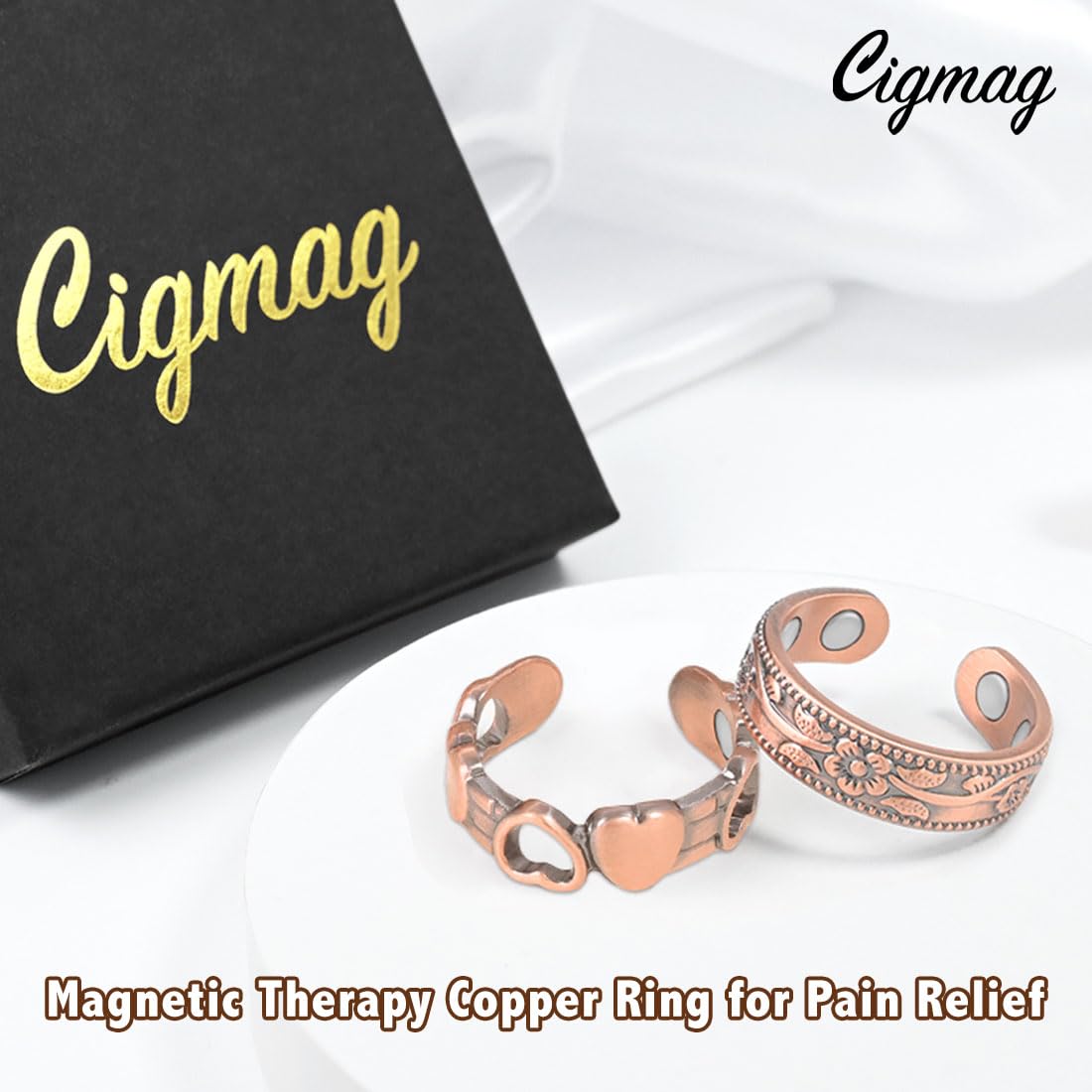 Cigmag 9X Magnetic Rings for Women, with Powerful Magnets, Adjustable Solid Pure Copper (Copper Plum & Love)