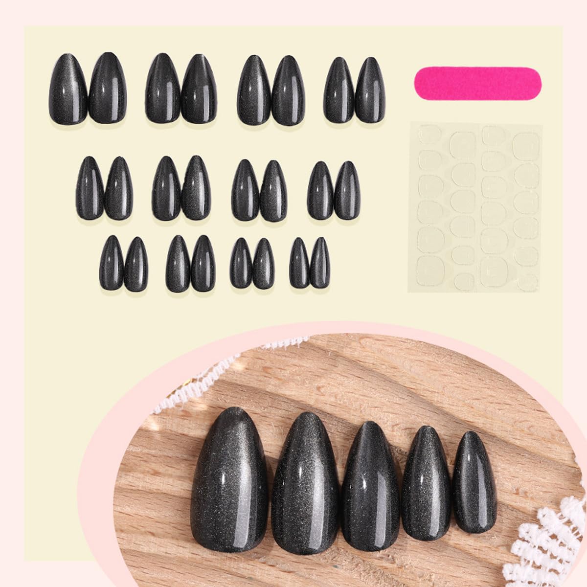 Black Press on Nails Medium Almond Fake Nails Glitter Nails Press ons with Design Full Cover Glue on Nail Stick on Nails for Women Manicure,Glossy | Reusable | Nail Sticky Tab | Easy Apply | 24Pcs
