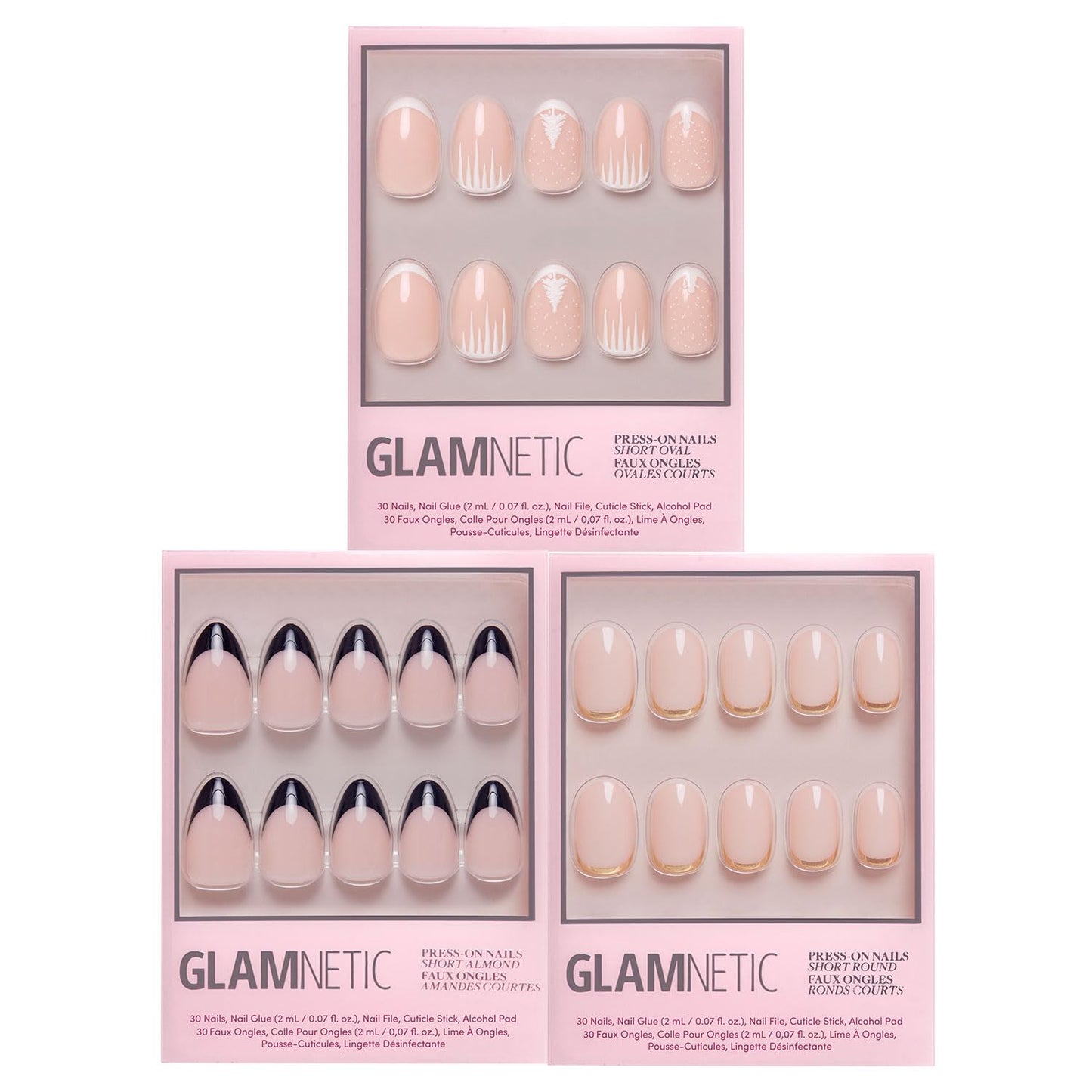 Glamnetic Press-On Nails Bundle - Winter's Tale, Caviar & Goal Digger | Short Oval French Tip Fake Nails with 3D Matte Tree & Snow Designs | Short Almond Black French Tip Fake Nails | Glossy, Semi-Tra