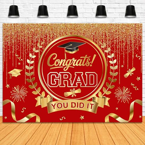 Graduation Backdrop Congrats Grad You Did It Party Decorations Background Congratulations Graduate Class of 2026 Banner Photo Booth Props (Red and Gold, 7x5ft) - color: Red and Gold
