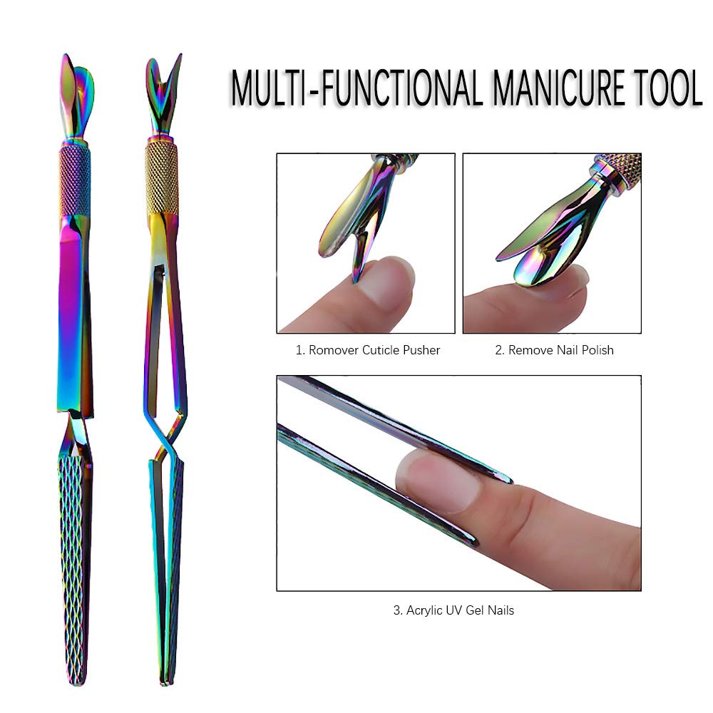 SILPECWEE 2Pcs Nail Pinching Tool C Curve Nail Extension Clips Rainbow Metal Cuticle Pusher Nail Scraper Gel Nail Polish Remover False Nails Shaping Tweezers Multi-Function Manicure Tools