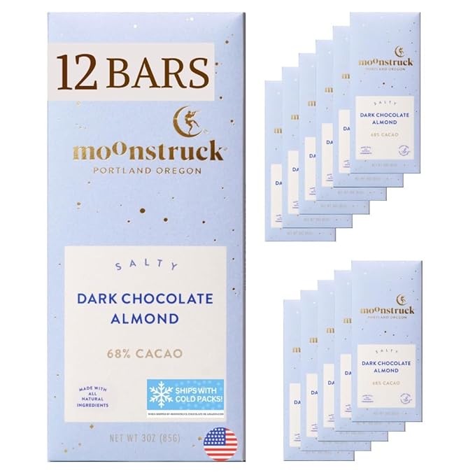 Moonstruck Chocolate Dark Chocolate Bar with Sea Salt and Almonds, 68% Cacao, 3.0oz (Pack of 12)