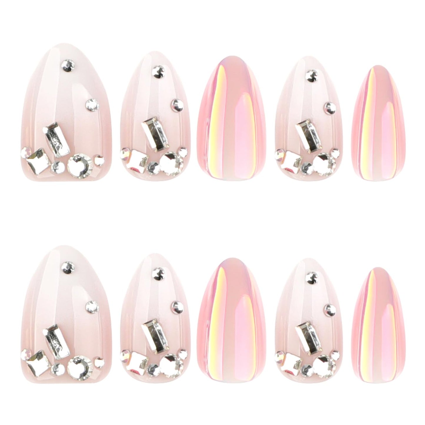 24Pcs Short Almond Press on Nails 3D Sparkly Rhinestone Fake Nails White Gradient French False Nails Holographic Blush Mirror Design Artificial Nails Metallic Glossy Full Cover Acrylic Nail for Women