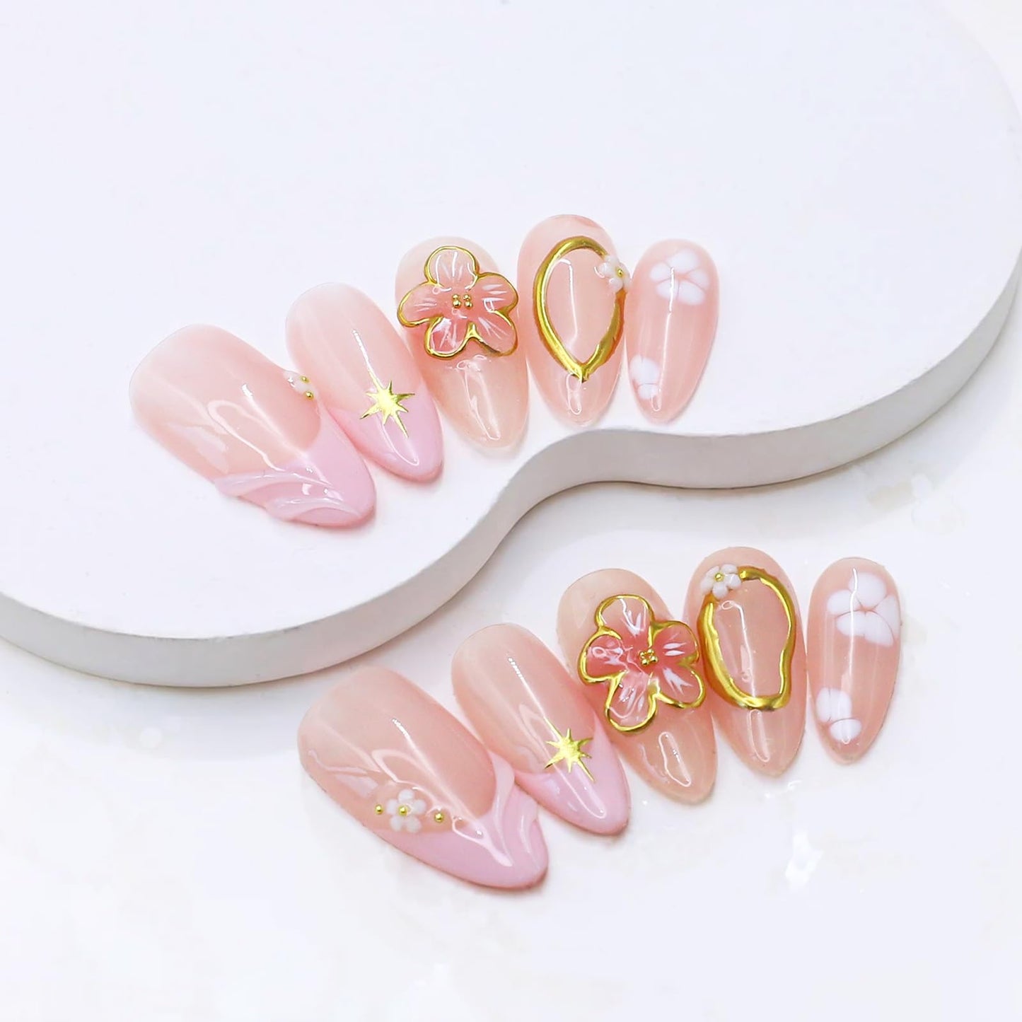 Handmade Press on Nails Medium Almond Fake Nails with 3D Gold Embossed & Flower Design Salon Quality Thickened Acrylic False Nail Full Cover Pink French Tips Stick on Nail for Women（Size M）