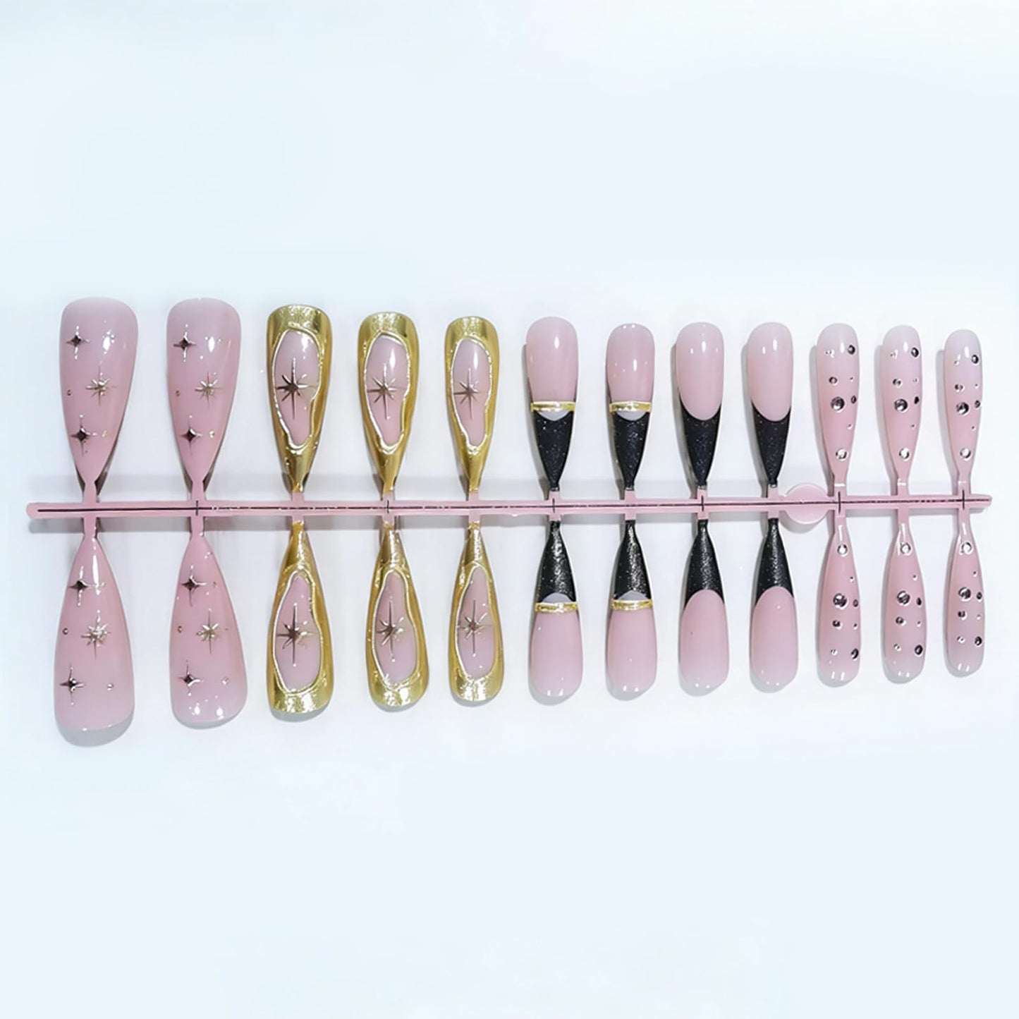 MISUD Press on Nails - Long Stiletto Fake Nails with Black French Tip, Acrylic Gold Chrome Star Design 24 pcs