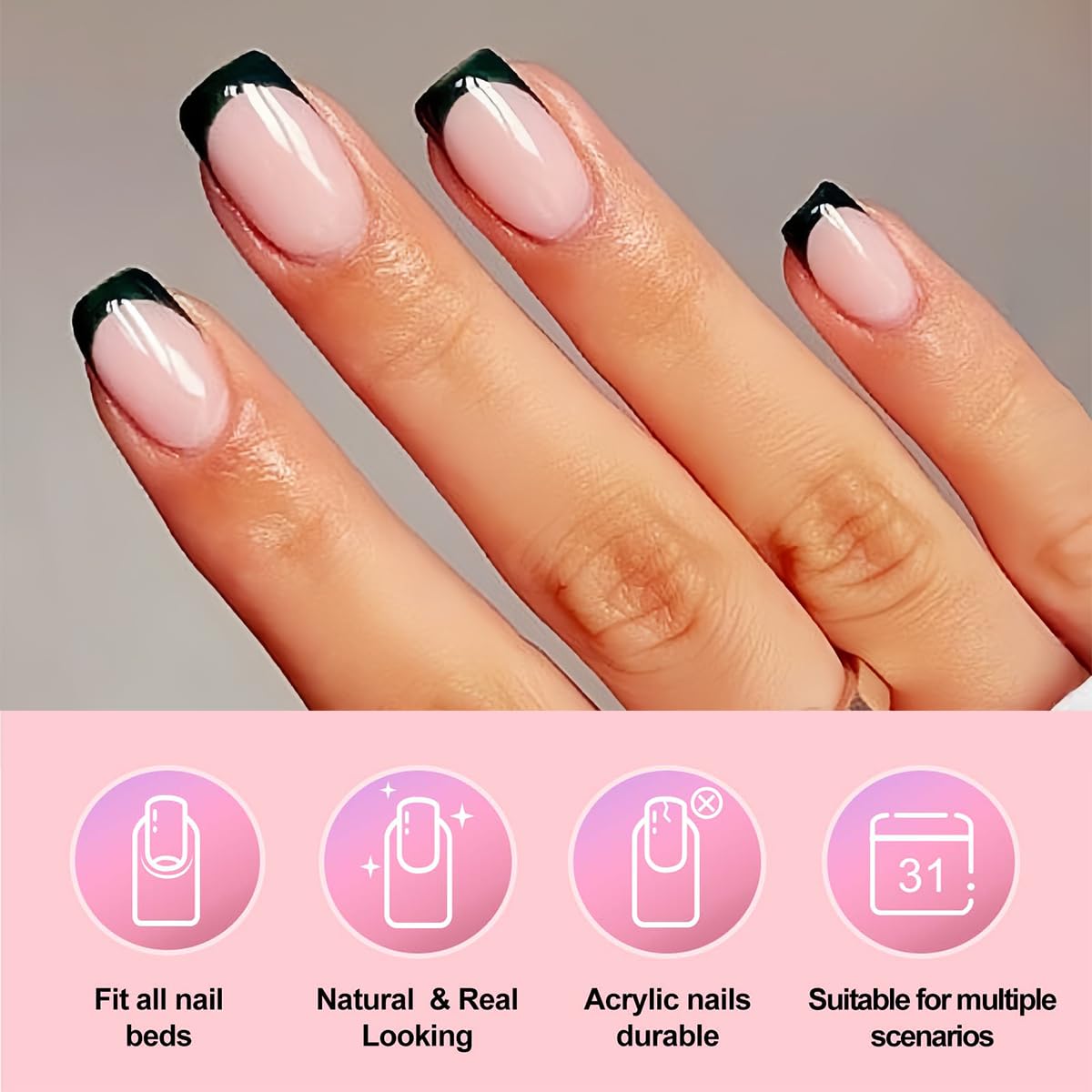 120 Pcs French Tip Press on Nails Short Square Fake Nails Black French Tip False Nails Full Cover Acrylic Glue on Nail Nude Pink Artificial Stick on Nail for Women Manicure