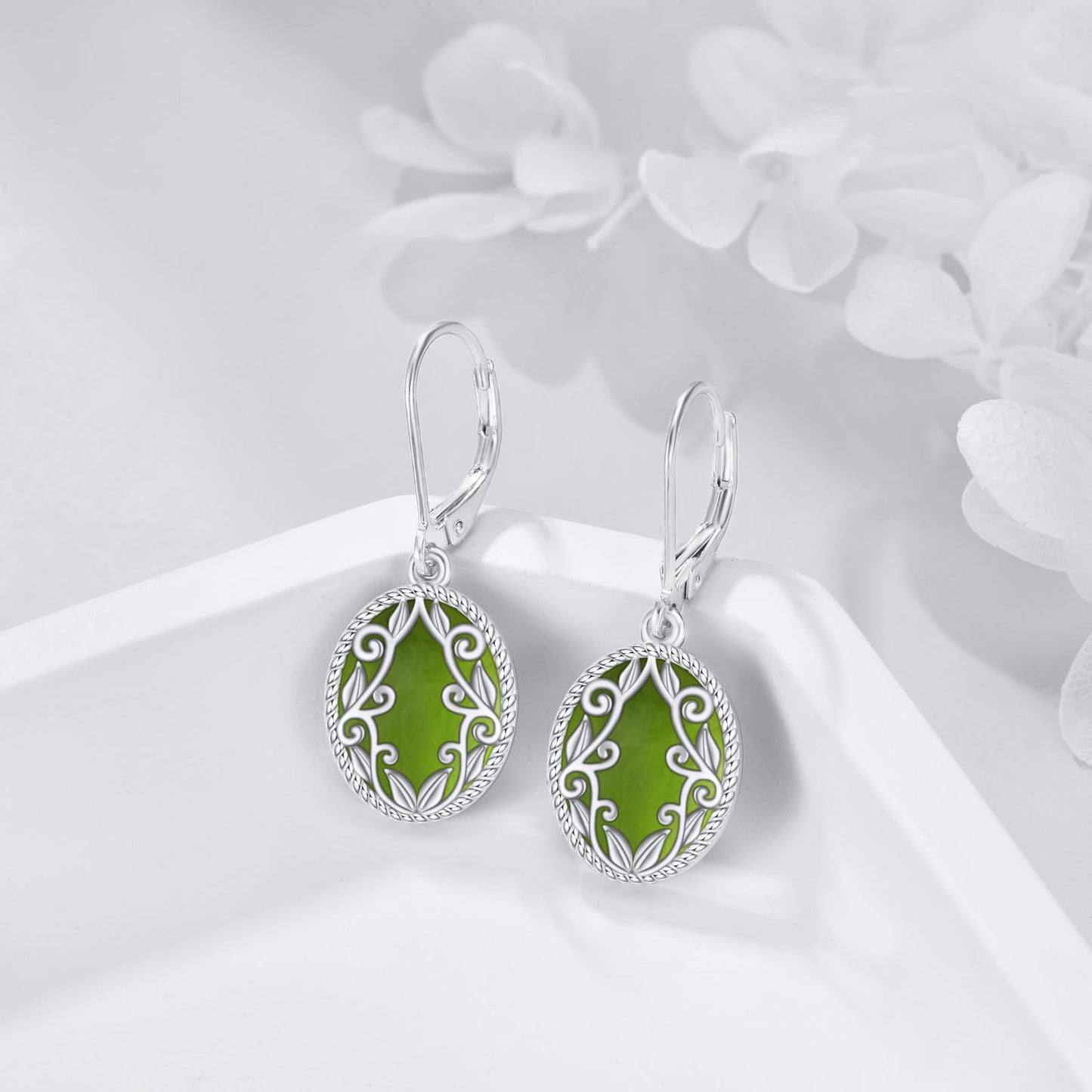 Peridot Drop Earrings Sterling Silver Nordic Filigree Leverback Earrings Green Natural Stone Peridot Dangle Earrings Jewelry Christmas Gifts