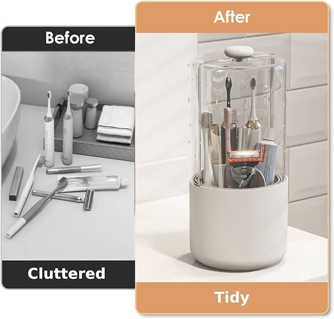 Toothbrush Holder with Cover 360 Rotating 4 Compartments Bathroom Toothpaste Electric Toothbrush Organizer, White