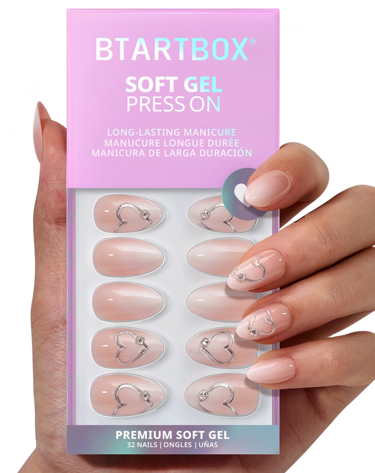 BTArtbox Press On Nails Short - Bridal Side, Easy-to-Apply 3D Heart Ombre Nude Almond Press On Nails with Glue and Adhesive Tabs in 16 Sizes - 32 Nails All-in-One Kit