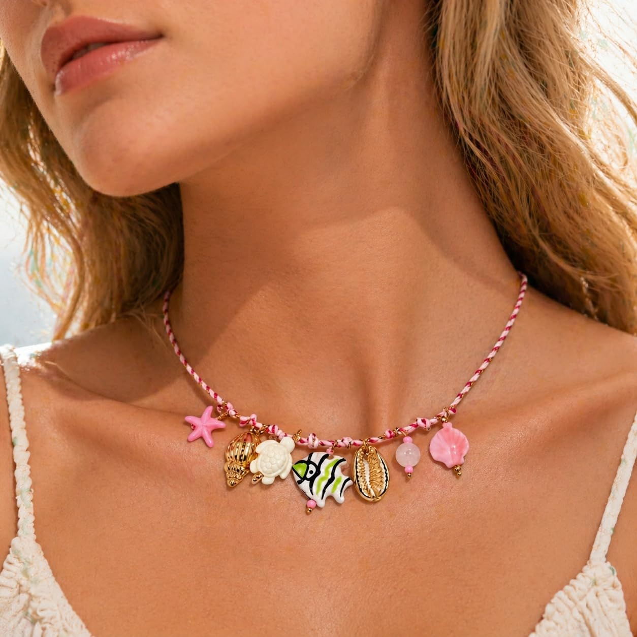 Tyebiva Cute Ocean Pendants Braided Pink Rope Necklace for Women, Summer Beach Boho Adjustable String Choker with Starfish Seahorse Fish Shell Charm Holiday Vacation Jewelry Gift