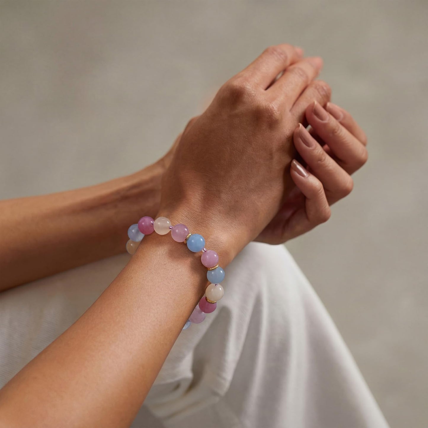 KissYan Beaded Bracelets for Women, Colorful Natural Stone Boho Bead Bracelet for Beach, Handmade Gemstone Summer Jewelry Gifts (Morganite)