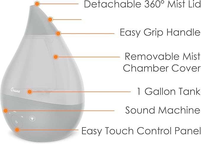 Crane 4-in-1 Drop 2.0 Ultrasonic Cool Mist Humidifier with Sound Machine, Night Light, Aroma Tray, 1 Gallon Top Fill, Grey 1 Gallon
