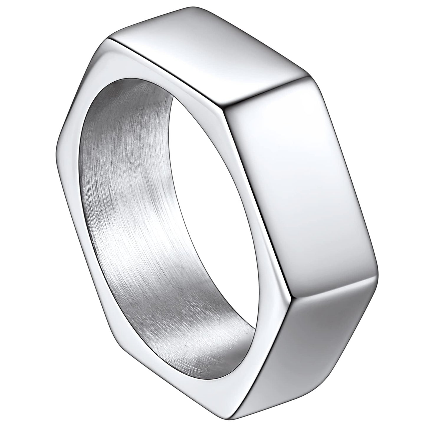 ChainsHouse Men's Punk Stainless Steel Gothic Screw Edge Hexagon Geometric Biker Ring Bands, Size 12