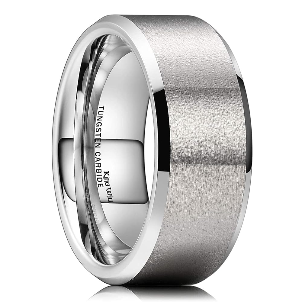 King Will Silver 9mm Men's Wedding Ring - Brushed Matte Finish, Beveled Polished Edge, Comfort Fit Size 10