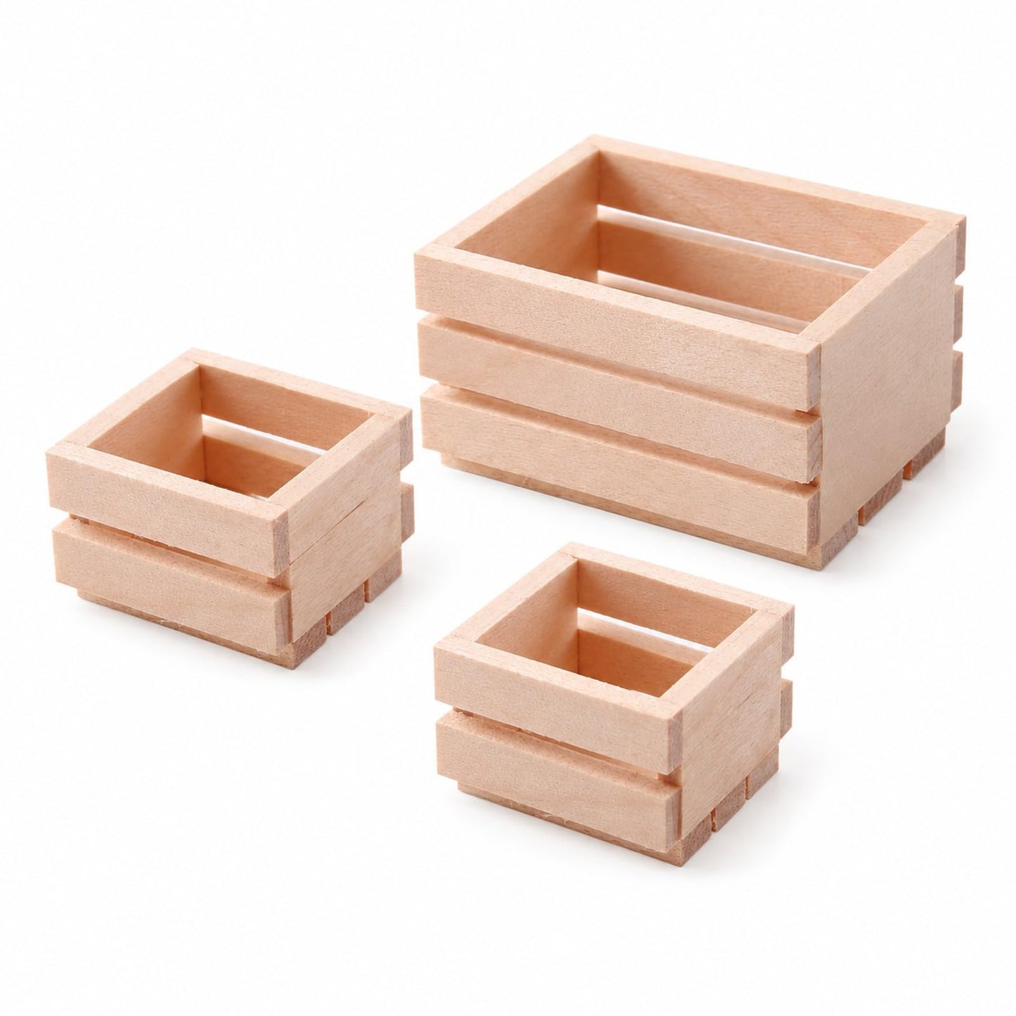 LOGOFUN 3pcs Dollhouse Mini Storage Basket Miniature Wooden Milk Crate 1/12 Tiny Fruit Baskets Model for Dollhouse Accessory - 1.2 * 0.9 & 1.9 * 1.6inch