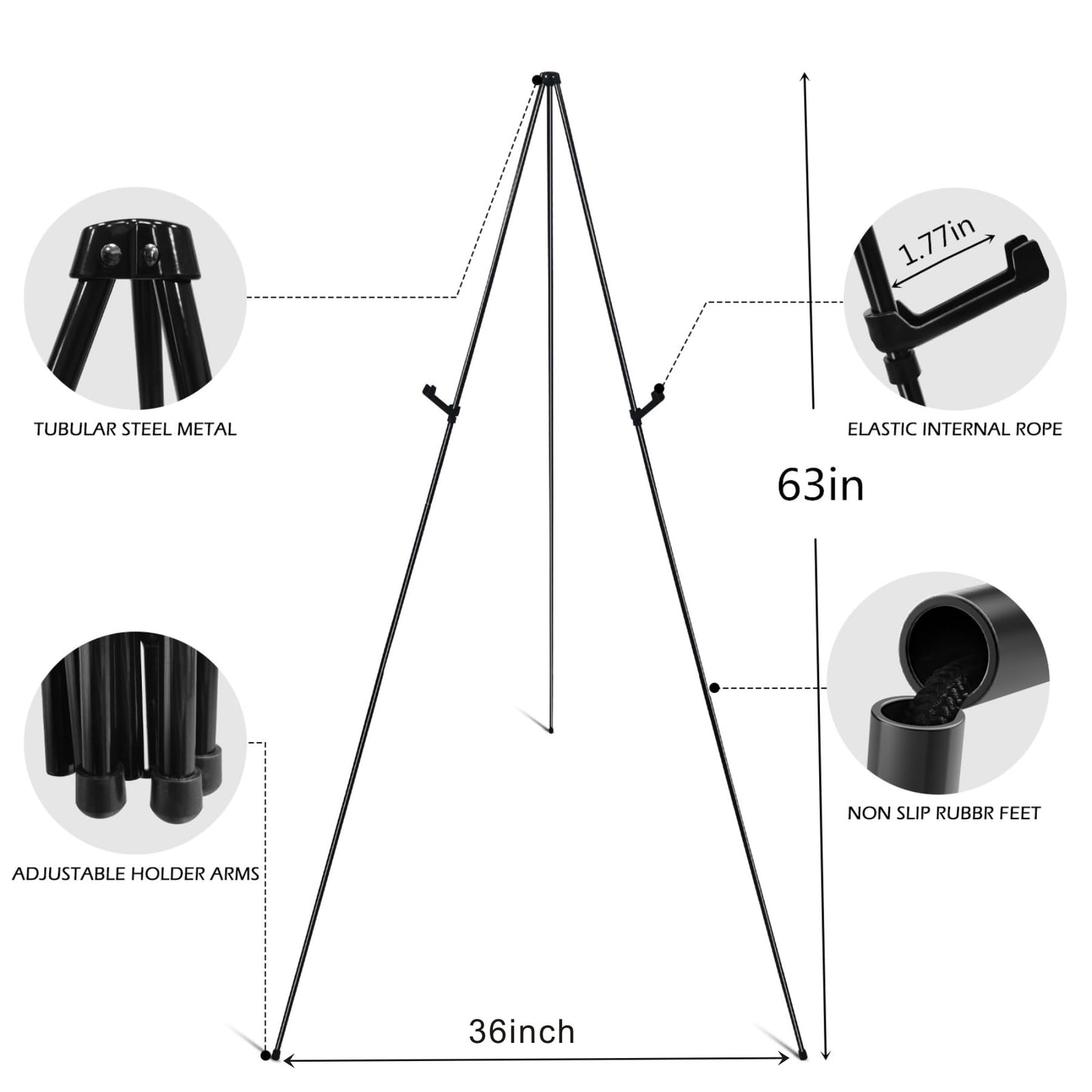 RRFTOK Easel Stand for Sign,63'' Instant Lightweight Portable Ground Easel for Wedding Sign and Poster Display Stand, Metal Tripod with Portable Bag,1-Pack.