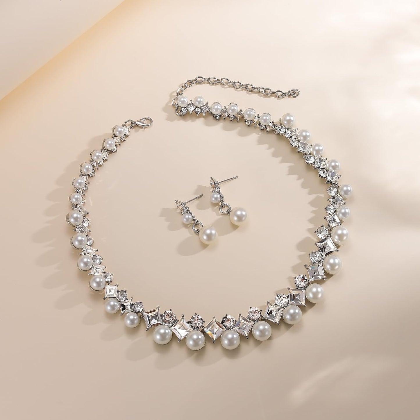 Ailunor Pearl Jewelry Set: 14K Gold/Silver Plated Pearl Drop Earrings, Bracelets & Choker Necklace - Wedding Bridal Gift (2pcs Silver)